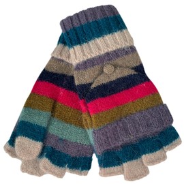 Purple Possum® Gloves Ladies Fingerless Convertible Mittens Blue Pink Purple Stripes Striped Wool Angora Blend Gloves, Multicoloured, blue, teal, pink, purple