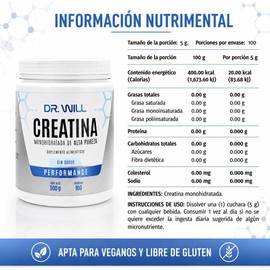 DR. WILL Creatina Monohidratada Micronizada en Polvo 500 g,100 Porciones de 5 g, Creatina Pura de Alta Pureza, Disolución Rápida, Sin Sabor, Pre Workout, Apta para Veganos, Suplemento Alimenticio