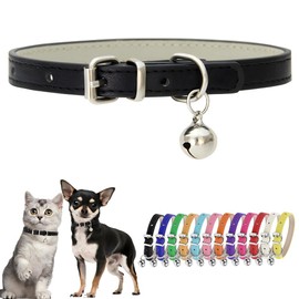 Black XS Dog Collar with Bell Leather Puppy Collar with Bell Adjustable Buckle Kitten Cat Collars for XXSmall XSmall Tiny Little Extra Small Breed Pets Boys Girls Like Chihuahua, X-Small