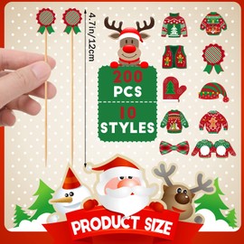 200 Pieces Christmas Cocktail Picks Ugly Sweater Cupcake Toppers Medals Glasses Gloves Hats Bows Appetizer Toothpicks Christmas Food Picks Bamboo Skewers for Holiday Drink Fruit Dessert, 4.7 Inches