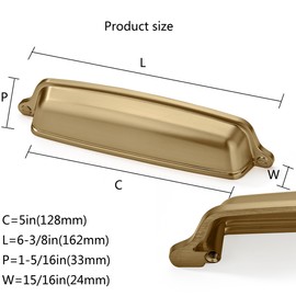 CABDM 10 Pack 5 inch (128mm) Brushed Satin Brass Cabinet Cup Pulls Brushed Gold Drawer Pulls Kitchen Hardware Cabinet Handles Drawer Handles Knobs Cup Pull.