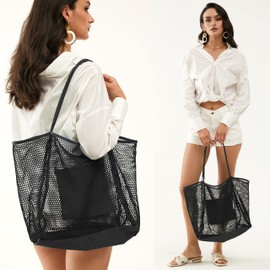 Hoxis Canvas Mesh Bag, Net Bag, Tote Bag, Shopping Bag, Handbag, Women's, Popular, Large Capacity, Fashion, Shopping Bag, Foldable, Pool, Beach (Black)