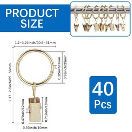 SOFPLATE 40Pcs Gold Curtain Clip Rings Drape Rod Rings 1.18 Inch Iron Small Circle Round Clips Fits up to 1 Inch Rod Metal Hook Hanger Accessories for Sliding Window Pinch Pleated Drapes Curtains