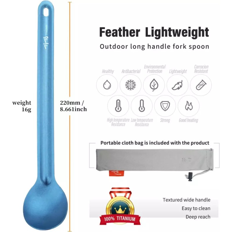 Titanium TiTo 티타늄 롱핸들 스팍 및 스푼 초경량 포타베일 플랫웨어