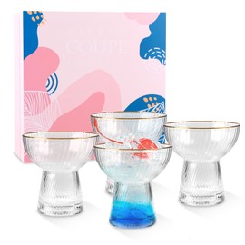 Stemless Margarita Glasses Set of 4, Elegant 10 Oz Martini Glasses Gift Box Set, Vertical Premium Cocktail Glasses, Hand Blown Gold Rim Ribbed Glassware Sets Cups for Tiki Mimosa Bar Party Gift Set