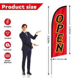 QSUM 8FT Open Signs for Business, Eye Catching Advertising Open Banner with Stainless Steel Flagpole, Ground Stake and Polyester Flag (Red & Black)
