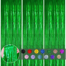 3pcs Tinsel Curtain Green Glitter Foil Door Curtain Party Backdrop,3.2ftx6.5ft Foil Fringe Curtain Party Streamers Shimmer Curtain Backdrop Decorations for Birthday Christmas St Patrick's Day Party
