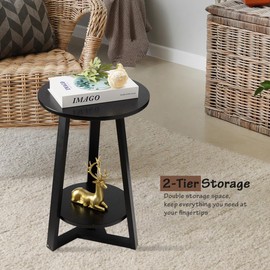 Hadulcet Black Side Table, Two-Tier Round End Table, Modern Small Side Table Living Room, Bedroom & Balcony, Black End Table with Storage Shelf with Solid Wooden Legs