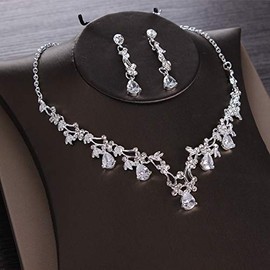 Misaki Wedding Necklace, Earrings, Earrings, Set, Sparkling Zirconia, Crystal, Flower Bridal Accessories, Long Earrings, Bridal, Birthday, Christmas Gift, Metal
