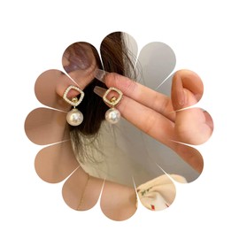 Cimenexe Bohemian Crystal Pearl Drop Earrings Gold Cz Hollow Square Earrings Geometric Square Stud Earrings Wedding Pearl Dangle Earrings Jewelry for Women and Girls Gifts