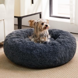WNPETHOME Calming Dog Bed & Cat Bed, Anti-Anxiety Donut Small Dog Bed, Fluffy Faux Fur Cat Cushion Dog Bed for Small Dogs and Cats (24 x 24 x 8 Inch, Navy Grey)