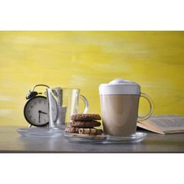 DESTALYA Coffee Mugs with Handles and Saucers Set | Clear Glass 13.52 oz Handled Cups for Hot Beverages Cold Drinks | Tea Espresso Cappuccino Hot Chocolate