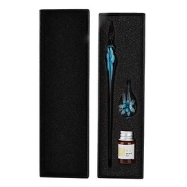 Pluma de Inmersin de Cristal de Flor Elegante, Bolgrafo de Tinta de Firma de con Portlpices para Caligrafa, Escritura a Mano, Decoracin, (Azul Claro) 