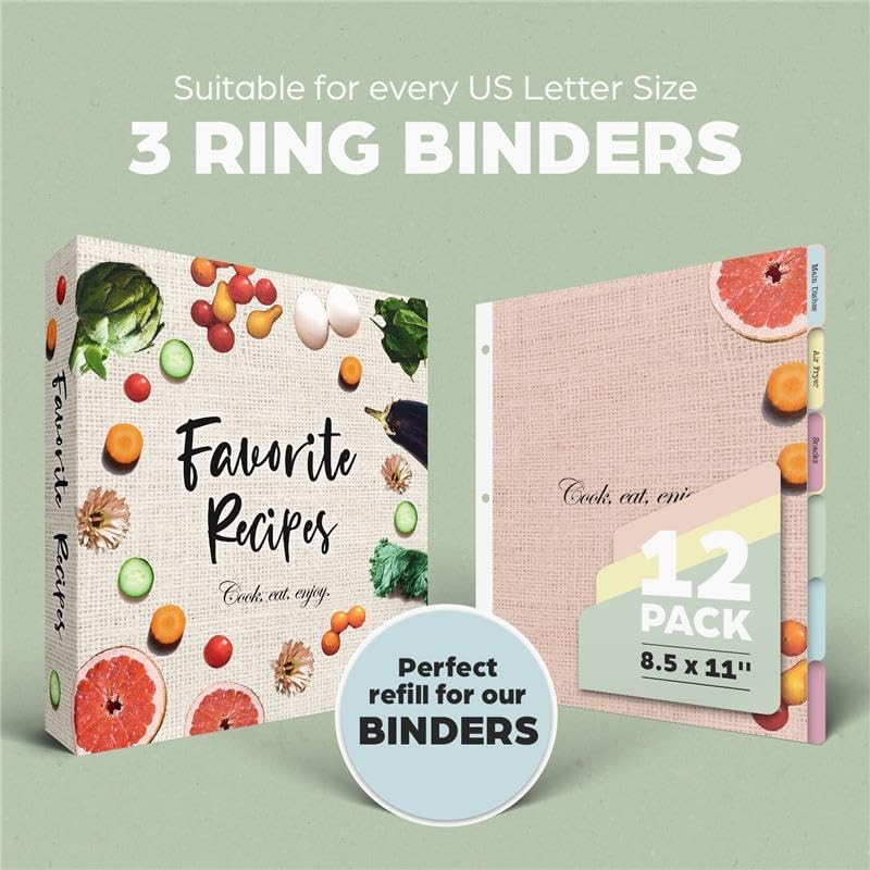 Dividers with Tabs for Recipe Binder, 12 Dividers for 3