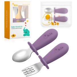 Qkie Toddler Utensils, Toddler Forks and Spoons, Baby Spoons Self Feeding, Stainless Steel Baby Silverware with BPA Free Silicone Easy Grip, 8 Months+ (Dusty Rose)