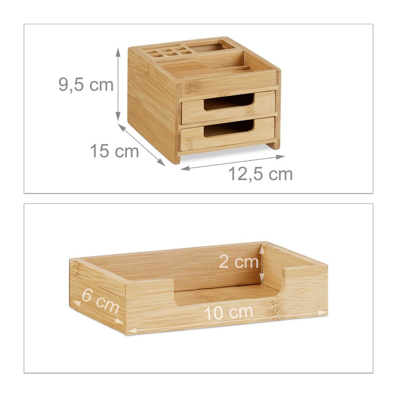 Relaxdays Schreibtisch Organizer Bambus, Stiftehalter Holz, Schreibtischbox Schubladen, HxBxT: 9,5
