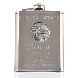 Mens 60th Birthday, Stainless Steel Engraved Hip Flask with Solid Pewter Lawn Bowls Feature, Men's Birthday