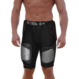 Exxact Sports Gladiator 5-Pad Adult Football Girdle for Men with Cup Pocket, Padded Compression Shorts with Integrated Hip, Thigh, Tailbone Pads, Men's Girdle Football (Black, AXL)