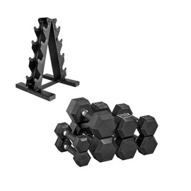 CAP Barbell 100 LB Coated Hex Dumbbell Weight Set with Comfort Grip and with Vertical Rack