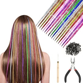 HIFOT 50 Pieces Colourful Hair Extensions Set, Colours Glitter Hair Tinsel Strands, Art Hair Extensions Hair Strands Children, Hair Accessories Hairpiece Pliers Hook with 100 Beads Ponytail Braids