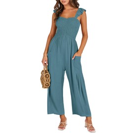 ANRABESS Women Summer Casual Dressy Sleeveless Smocked Wide Leg Linen Jumpsuits Rompers 2024 Trendy Travel Outfit Pocket Gray Blue Small