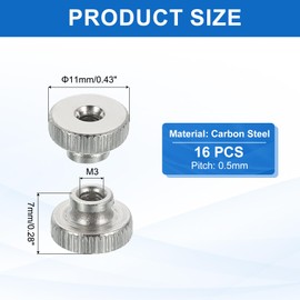 sourcing map 16Pcs Knurled Thumb Nuts, M3x7mm Carbon Steel Nut Iron Round Knobs Fasteners High Head Through Hole Hand Screw Nut for 3D Printer Part, Silver