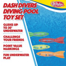 Wahu Dash Divers Pool Toy Set with 5" Diving Sticks, 4-Piece Underwater Torpedoes for Kids Ages 5+, Glides up to 20'