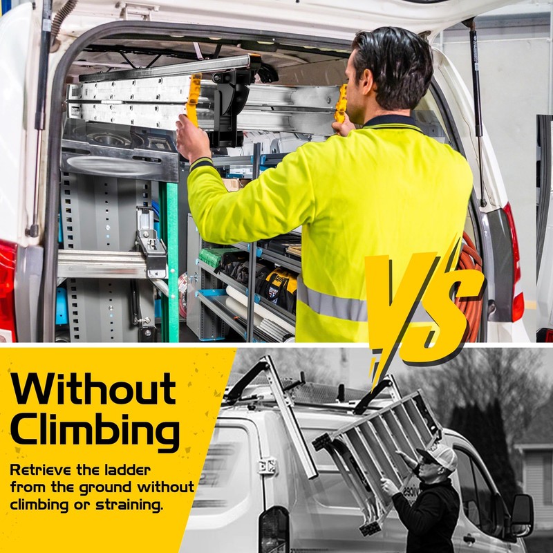 Van Interior Ladder Storage System Utilizes Overhead and Interior Sidewall