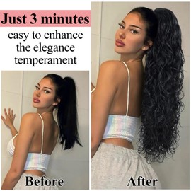 BEAUTY ON LINE Ponytail Extension - Long Curly Ponytail Extensions for Women Synthetic Drawstring Ponytail Hair Extensions 26 Inch Long Wavy Fake Ponytail Clip in Ponytail Extensions(1b#)