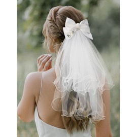 SWEETV Bridal Hair Bow Veil White Bow Clip Bachelorette Party Decorations Pearl Accessories Bride to Be Bridal Shower Gift