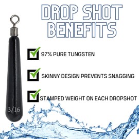 Reaction Tackle Tungsten Drop Shot (Black, Skinny, 3/16)- Tie on