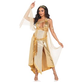 Leg Avenue 3 PC Golden Goddess, includes asymmetrical shimmer dress with one-shoulder buckle accent and ribbon trim, GOLD, MEDIUM