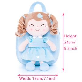 Gloveleya Toddler Backpack Baby Girl Gift Plush Bag Diaper Bag with Spring Girl Doll Curly Hair Girl Toys with Love Blue 9 Inches