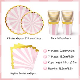 PARTY GO Party Tableware Set, 96 Pieces Theme Party Tableware Set, Pink and White Striped Circus Theme Birthday Tableware, Circus Party Accessories (24 Guests)