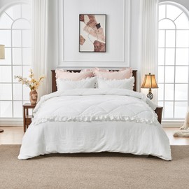 Simple&Opulence 100% Cotton Quilted Duvet Cover Set, 2 PCS Muslin Ruffle Gauze Duvet Cover with 1 Pillow Sham Shabby Chic Frill Farmhouse Textured Hand Stitching Bedding Cover(White, Twin)