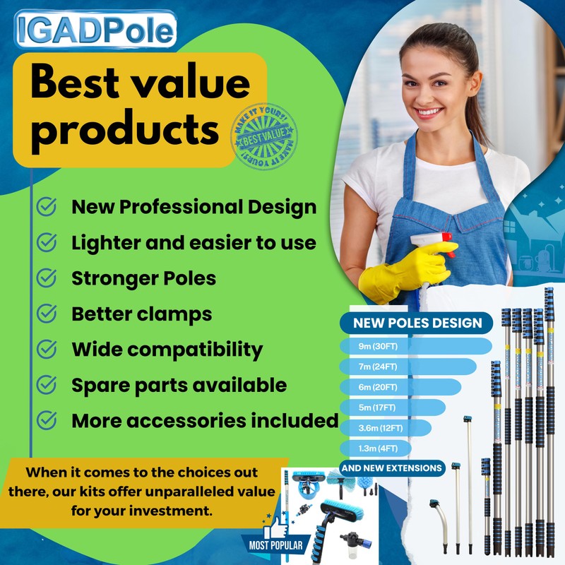 IGADPole 17 FT Water-Fed Washing Kit with Soap-Dispenser, Brush, 10″