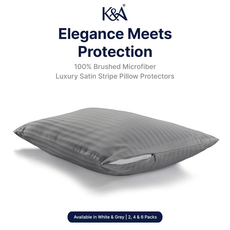 K&A® Satin Stripe Pillow Protectors Pack of 2 Zippered Grey