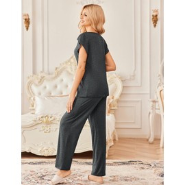 Ekouaer 2 Pack Womens Pajamas Set Short Sleeve Sleepwear Top with Pants Soft Loungewear S-XXL