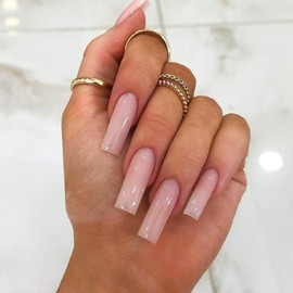 VOTACOS French Tip Long Press on Nails with Designs Square Fake Nails Glue on False Nails Black Glossy Acrylic Nails for Women