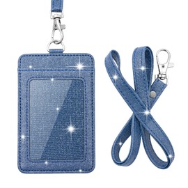 PU Leather ID Badge Holder, Life-Mate ID Badge Holder with 1 Clear ID Window 1 Credit Card Slot and PU Leather Lanyard for Badge Credit Cards College ID Cards in Glitter Blue