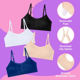 Paquete de 4 brasieres acolchados de entrenamiento para niñas, brasier corto para niñas con acolchado extraíble, Azul marino/blanco/beige/negro, Large