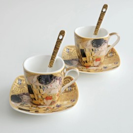 MARSSEUS Set of 2 Porcelain Cups 3.3oz(100 ml) + Saucers + Spoons Klimt The Kiss Gift Box