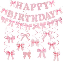 Pink Bow Birthday Decorations Pink Bow Birthday Banner Bow Party Hanging Swirls Set for Women Girls Bow Party Decoration Supplies