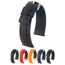 Hirsch Carbon Calf Watch Strap - Black Band/Red Upper Stitching - L - 18mm / 16mm - Shiny Silver Buckle - Water Resistant Leather Band