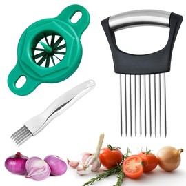 Onion Holder for Slicing, Stainless Steel Onion Slice, Onion Slicer Kitchen Chopper Slicing Assistant Tool with Spring Onion Shredder and Scallion Slicer for Cutting Onion Shallot Garlic(3Pcs)