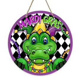 Deroro Mardi Gras Alligator Front Door Sign, New Orleans Carnival Wood Door Hanger Outdoor Outside Porch Decor, Checkerboard Beads Wooden Wreath Indoor Wall Hanging Decoration