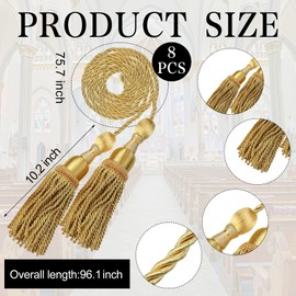 Wowangce 8 Pcs Weighted Church Pew Reservation Rope with Heavy Tassels Ends 8 ft Reserved Church Seating Accessory Gold Church Pew Rope for Church Wedding Funeral Seating Reserved Signs