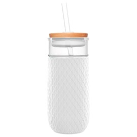 Ello Ello Devon 18oz Glass Tumbler with Straw, Friction Fit Bamboo Wood Lid and Silicone Sleeve | Perfect for Iced Coffee, Tea, and Smoothies | White