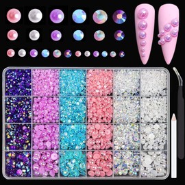 24Grid Blue Flatback Pearls and Rhinestones for Crafting Pink White Stones Mixed Size 3-8mm Resin Rhinestones and Half Pearls for Bedazzling Nail Art and Decoration with Tweezer and Pickup Pencil