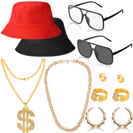 Hip Hop Costume Kit, 12-Pack 80s/90s Outfit Rapper Accessories Includes Sunglasses Dollar Sign Fake Chain Ring Hoop Earring Bucket Hat for Summer Women Men